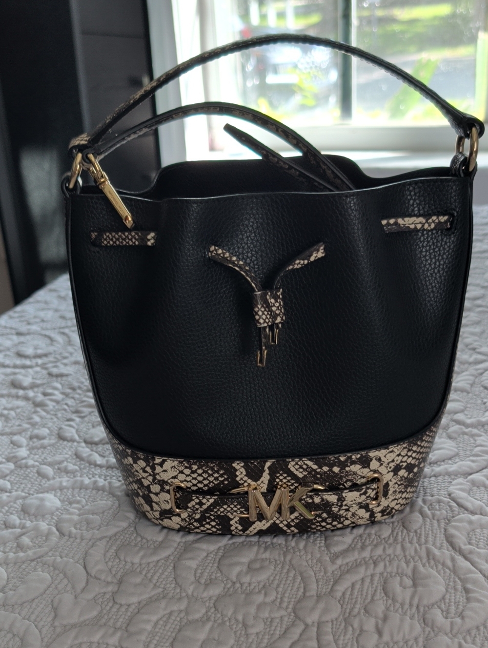 Michael Kors Black Pebbled Leather Bucket Bag with Snake-Print Trim